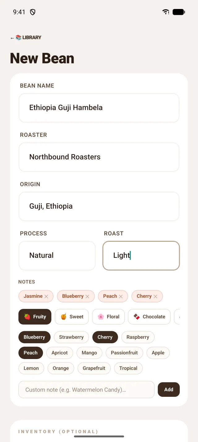 Adding a bean with tasting notes