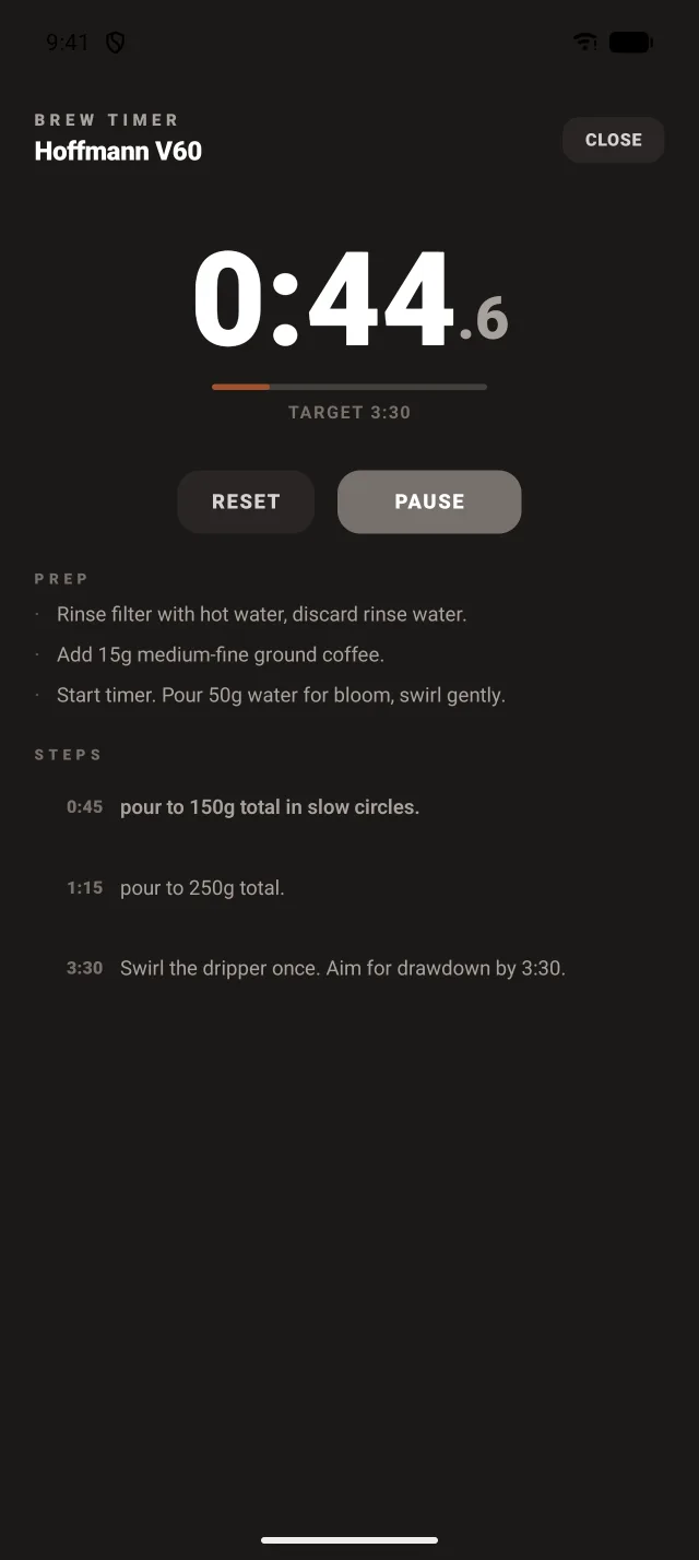 Brew guide with step timer