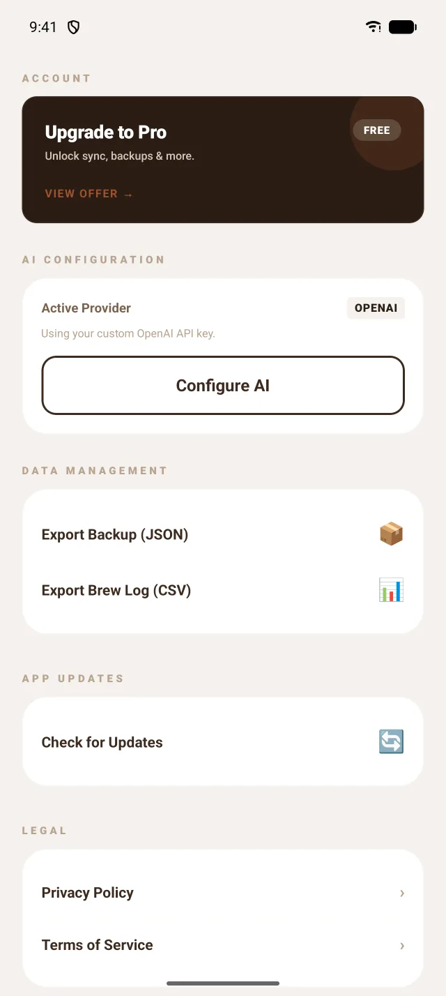 Settings with AI setup and data export